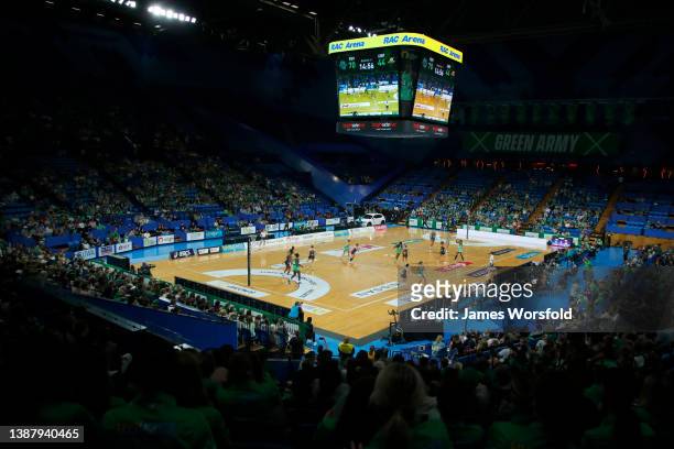 General view of the crowd at RAC Arena during the round one Super Netball match between West Coast Fever and Sunshine Coast Lightning at RAC Arena,...