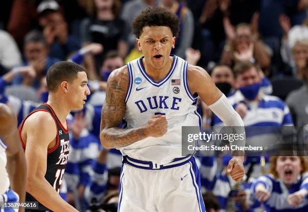 Paolo Banchero of the Duke Blue Devils celebrates a basket against the Texas Tech Red Raiders during the second half in the Sweet Sixteen round game...