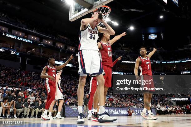 Chet Holmgren of the Gonzaga Bulldogs reacts against the Arkansas Razorbacks in the Sweet Sixteen round game of the 2022 NCAA Men's Basketball...