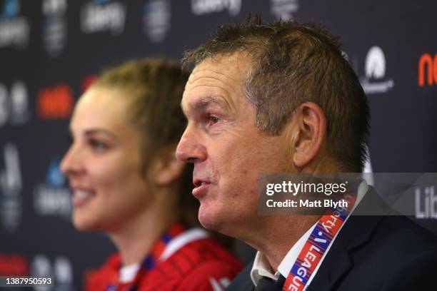 Victory goalkeeper Casey Dumont and Victory head coach Jeffrey Hopkins speak at a press conference after winning the A-League Womens Grand Final...