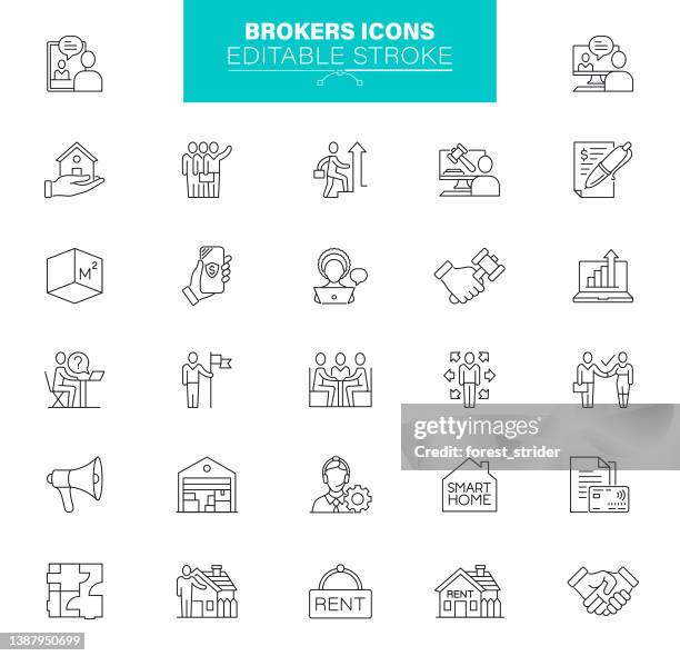 stockillustraties, clipart, cartoons en iconen met broker icons icons editable stroke. contain icon as sales occupation, customer, home, dealership, people - car salesperson