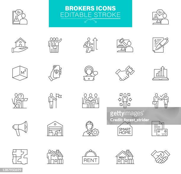 broker icons icons editable stroke. contain icon as sales occupation, customer, home, dealership, people - salesman stock illustrations