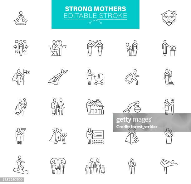 stockillustraties, clipart, cartoons en iconen met strong mothers icons, editable stroke. contains icon as yoga, sport, gymnastics, superhero - children icon