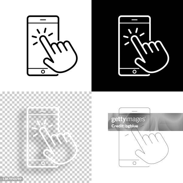 illustrazioni stock, clip art, cartoni animati e icone di tendenza di tocca lo smartphone con la mano. icona per il design. sfondi vuoti, bianchi e neri - icona a forma di linea - mobile