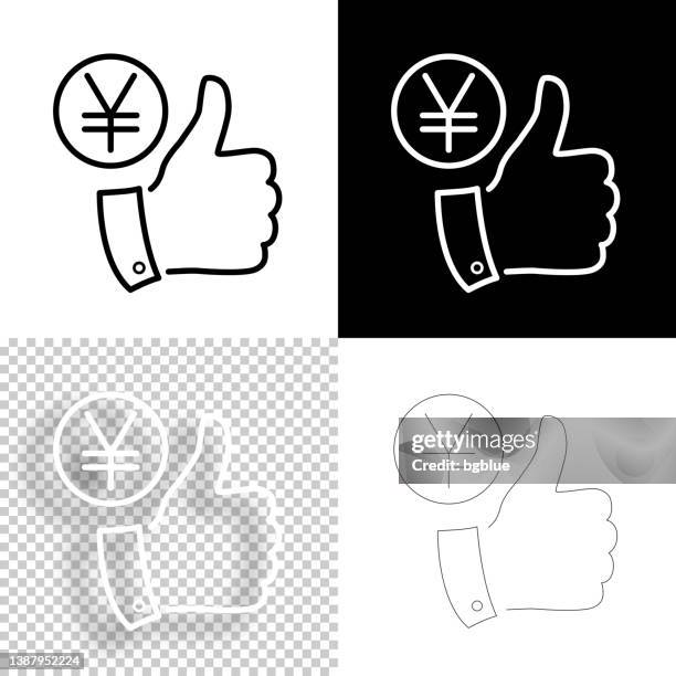 yen-münze mit daumen nach oben. icon für design. leere, weiße und schwarze hintergründe - liniensymbol - yen sign stock-grafiken, -clipart, -cartoons und -symbole