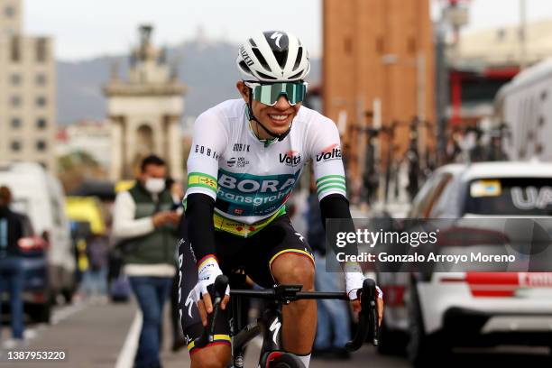 Sergio Andres Higuita Garcia of Colombia and Team Bora - Hansgrohe green leader jersey during the 101st Volta Ciclista a Catalunya 2022 - Stage 7 a...