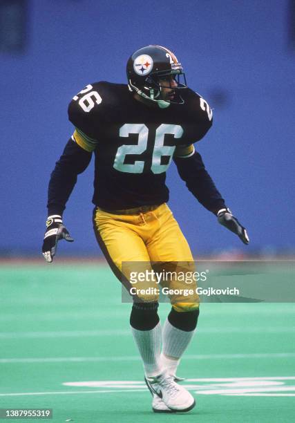 Cornerback Rod Woodson of the Pittsburgh Steelers looks on from the field during a game against the Cincinnati Bengals at Three Rivers Stadium on...