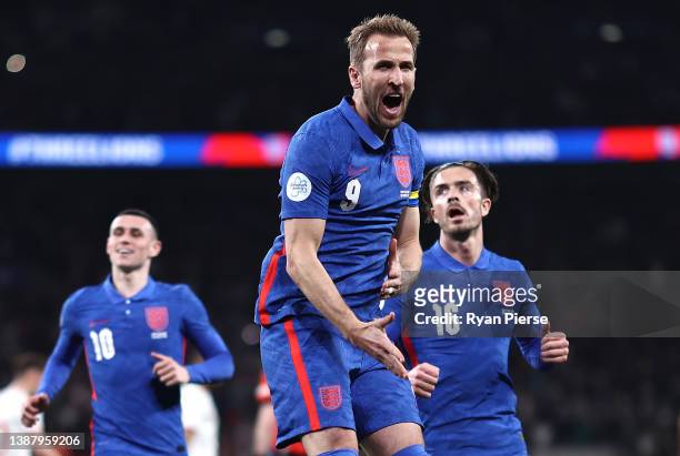 Harry Kane of England celebrates after scoring his teams second goal during the international friendly match between England and Switzerland at...