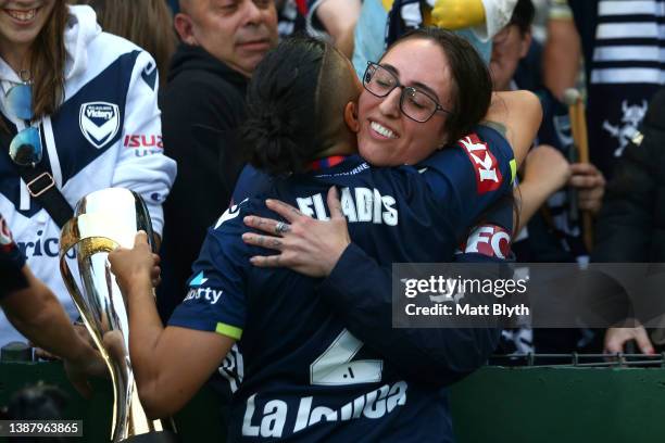 Tiffany Eliadis of the Victory hugs a member of the crowd after winning the A-League Womens Grand Final match between Sydney FC and Melbourne Victory...