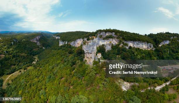 aerial view. katskhi pillar. georgian landmarks. man's monastery near the village of katskhi. the orthodox church and the abbot cell on a rocky cliff. imereti, georgia. summer day. travel and tourism - georgian man stock pictures, royalty-free photos & images