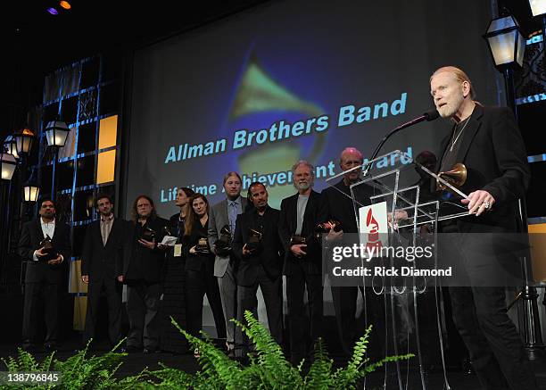 Honoree Gregg Allman of the Allman Brothers Band accepts Lifetime Achievement award during The 54th Annual GRAMMY Awards - Special Merit Awards...