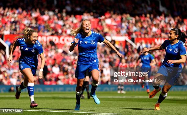 Claire Emslie of Everton celebrates after scoring their team's first goal during the Barclays FA Women's Super League match between Manchester United...