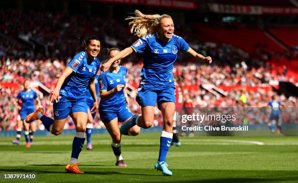 Claire Emslie of Everton celebrates after scoring their team's first goal during the Barclays FA Women's Super League match between Manchester United...