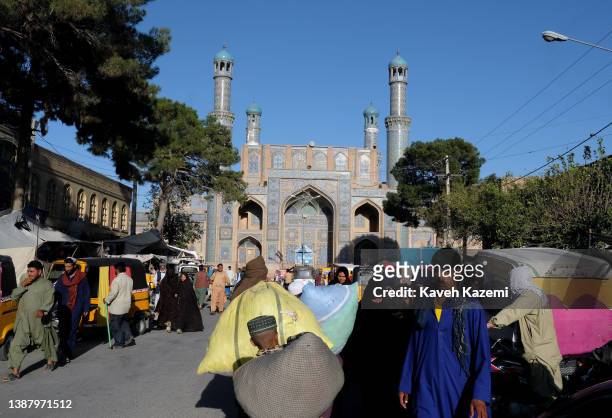 Trade activity in the market place in front of The Great Mosque of Herat or "Jami Masjid of Herat" on September 14, 2021 in Herat, Afghanistan.