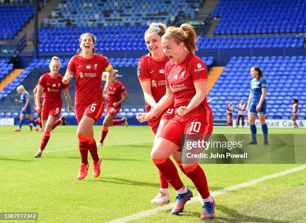 Rachel Furness of Liverpool Women celebrates after scoring the third goal during the FA WSL 2 match. Between Liverpool Women and Durham Women at...