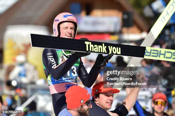 Severin Freund of Germany receives a farewell during the Individual HS240 at the FIS World Cup Ski Flying Men Planica on March 27, 2022 in Planica,...