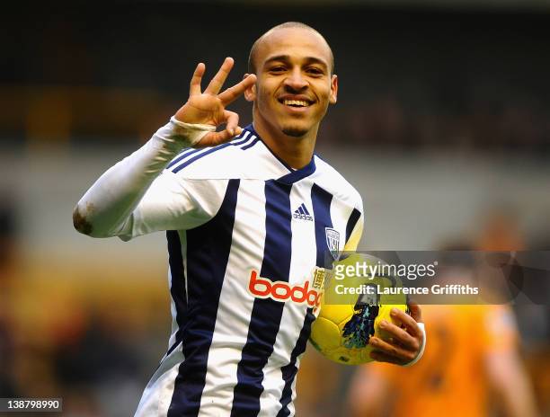 Peter Odemwingie of West Bromwich celebrates his third goal during the Barclays Premier League match between Wolverhapton Wanderers and West Bromwich...