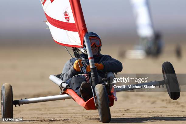 Competitor in the Class Mini event during the opening round of the British Landsailing Championship Series on March 27, 2022 in Brean Sands, England.