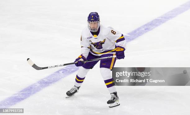 Nathan Smith of the Minnesota State Mavericks skates against the Notre Dame Fighting Irish during the NCAA Men's Ice Hockey East Regional final at...