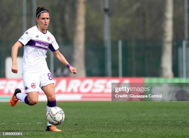 Veronica Boquete of ACF Fiorentina in action during the Women Serie A match between AC Milan and Fiorentina at Campo Sportivo Vismara on March 27,...