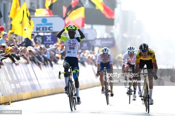 Biniam Hailu Girmay of Eritrea and Team Intermarché - Wanty - Gobert Matériaux celebrates winning ahead of Christophe Laporte of France and Team...