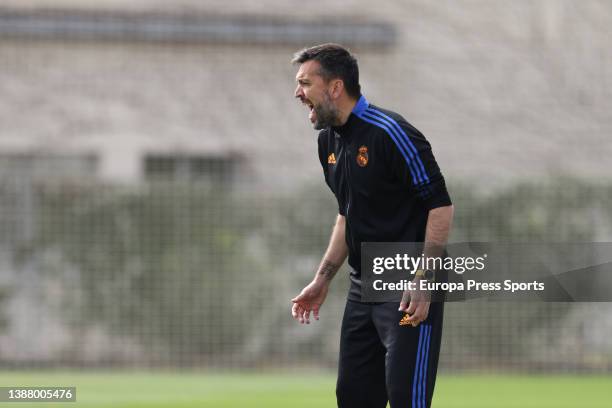 Hernan Perez, head coach of RM Juvenil A, gestures during the spanish cup juvenil, Copa del Rey Juvenil, football match played between Real Madrid...