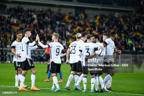 Players of Germany celebrate after the second goal of Timo Werner during the international friendly match between Germany and Israel at PreZero-Arena...