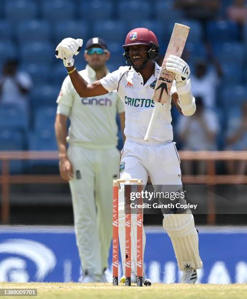 West Indies captain Kraigg Brathwaite celebrates after winning the 3rd Test match between the West Indies and England at National Cricket Stadium on...