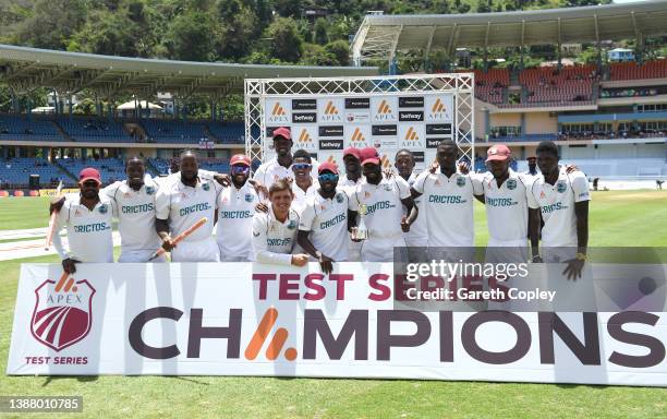 West Indies celebrate winning the 3rd Test match between the West Indies and England at National Cricket Stadium on March 27, 2022 in Grenada,...