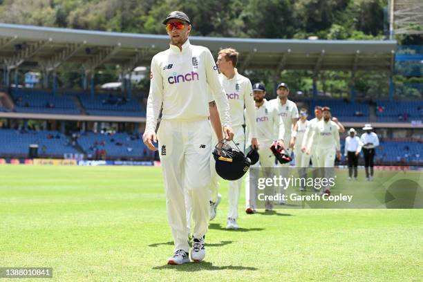 England captain Joe Root leaves the field after losing the 3rd Test match between the West Indies and England at National Cricket Stadium on March...