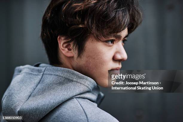 Shoma Uno of Japan poses for a photo during day 5 of the ISU World Figure Skating Championships at Sud de France Arena on March 27, 2022 in...