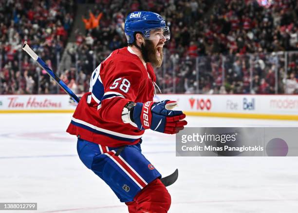 David Savard of the Montreal Canadiens celebrates his goal during the second period against the Toronto Maple Leafs at Centre Bell on March 26, 2022...