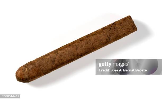 close-up of cigar against white background - cigar stock-fotos und bilder