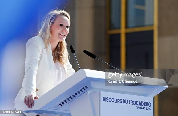Marion Marechal delivers a speech during an election campaign rally with Former Member of the National Assembly of France and supporter of France's...