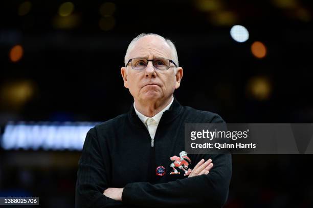 Head coach Jim Larranaga of the Miami Hurricanes looks on during the first half in the Elite Eight round game of the 2022 NCAA Men's Basketball...