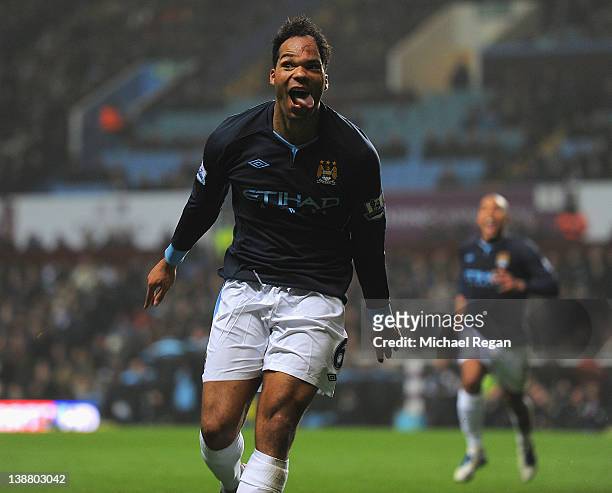 Joleon Lescott of Man City celebrates scoring to make it 1-0 during the Barclays Premier league match between Aston Villa and Manchester City at...