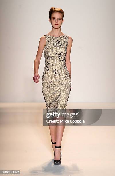 Model walks the runway at the Lela Rose Fall 2012 fashion show for Payless during Mercedes-Benz Fashion Week at The Studio at Lincoln Center on...