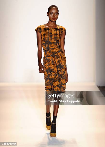 Model walks the runway at the Lela Rose Fall 2012 fashion show for Payless during Mercedes-Benz Fashion Week at The Studio at Lincoln Center on...