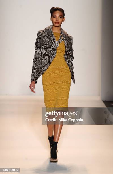 Model walks the runway at the Lela Rose Fall 2012 fashion show for Payless during Mercedes-Benz Fashion Week at The Studio at Lincoln Center on...