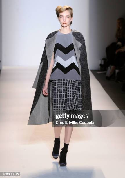 Model walks the runway at the Lela Rose Fall 2012 fashion show for Payless during Mercedes-Benz Fashion Week at The Studio at Lincoln Center on...