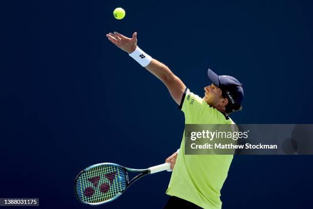 Casper Ruud of Norway serves to Alexander Bublik of Kazakhstan during the Miami Open at Hard Rock Stadium on March 27, 2022 in Miami Gardens, Florida.