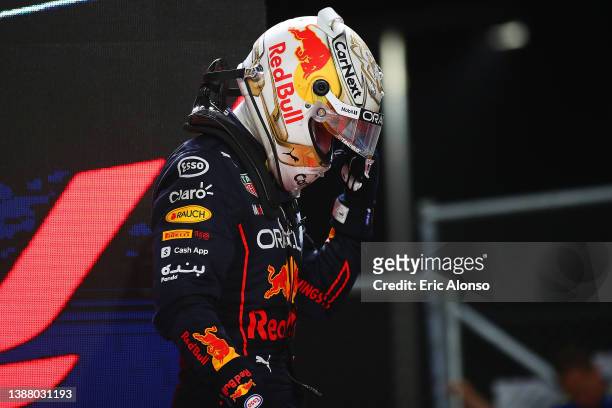 Max Verstappen of the Netherlands driving the Oracle Red Bull Racing RB18 Honda celebrates the victory during the F1 Grand Prix of Saudi Arabia at...