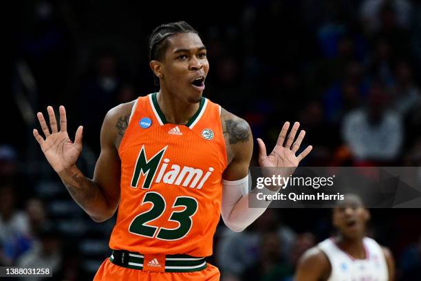 Kameron McGusty of the Miami Hurricanes reacts after a basket against the Kansas Jayhawks during the first half in the Elite Eight round game of the...