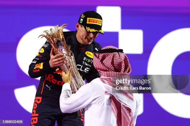Race winner Max Verstappen of the Netherlands and Oracle Red Bull Racing celebrates on the podium during the F1 Grand Prix of Saudi Arabia at the...