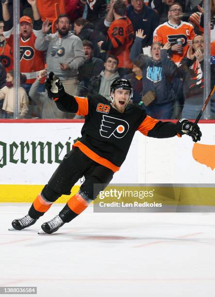 Rasmus Ristolainen of the Philadelphia Flyers celebrates Kevin Hayes third period goal against the Nashville Predators at the Wells Fargo Center on...