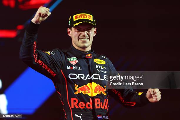 Race winner Max Verstappen of the Netherlands and Oracle Red Bull Racing celebrates on the podium during the F1 Grand Prix of Saudi Arabia at the...