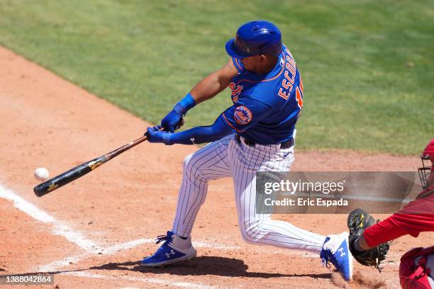 Eduardo Escobar of the New York Mets grounds out during the fourth inning of the Spring Training game against the St. Louis Cardinals at Clover Park...