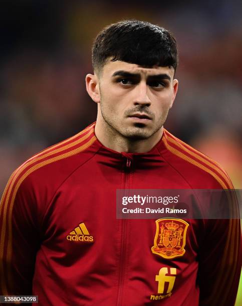 Pedri of Spain looks on during the international friendly match between Spain and Albania at RCDE Stadium on March 26, 2022 in Barcelona, Spain.