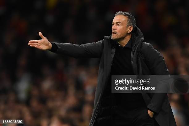 Head coach Luis Enrique of Spain directs his player during the international friendly match between Spain and Albania at RCDE Stadium on March 26,...