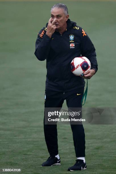 Head coach Tite gestures during a training session of the Brazilian national football team at the squad's Granja Comary training complex on March 27,...